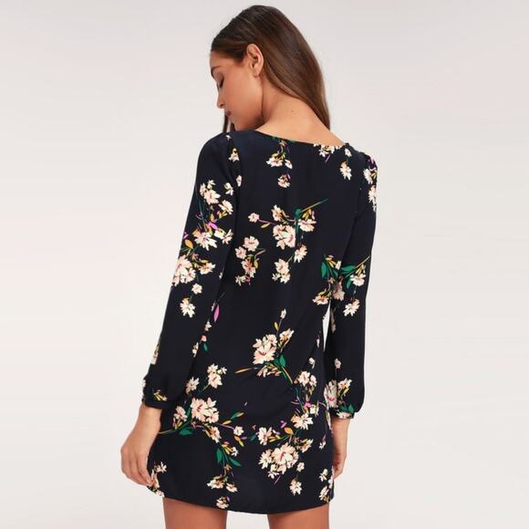 Honey Punch for Lulus Navy Floral Print Long Sleeve Shift Mini Dress NWOT - Picture 8 of 9